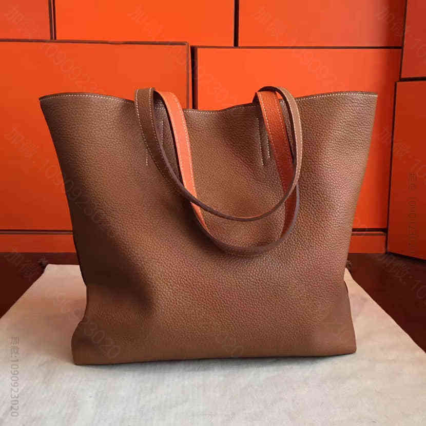 Hermes Double Sens土黄拼橙色蜜蜡线手缝手提包