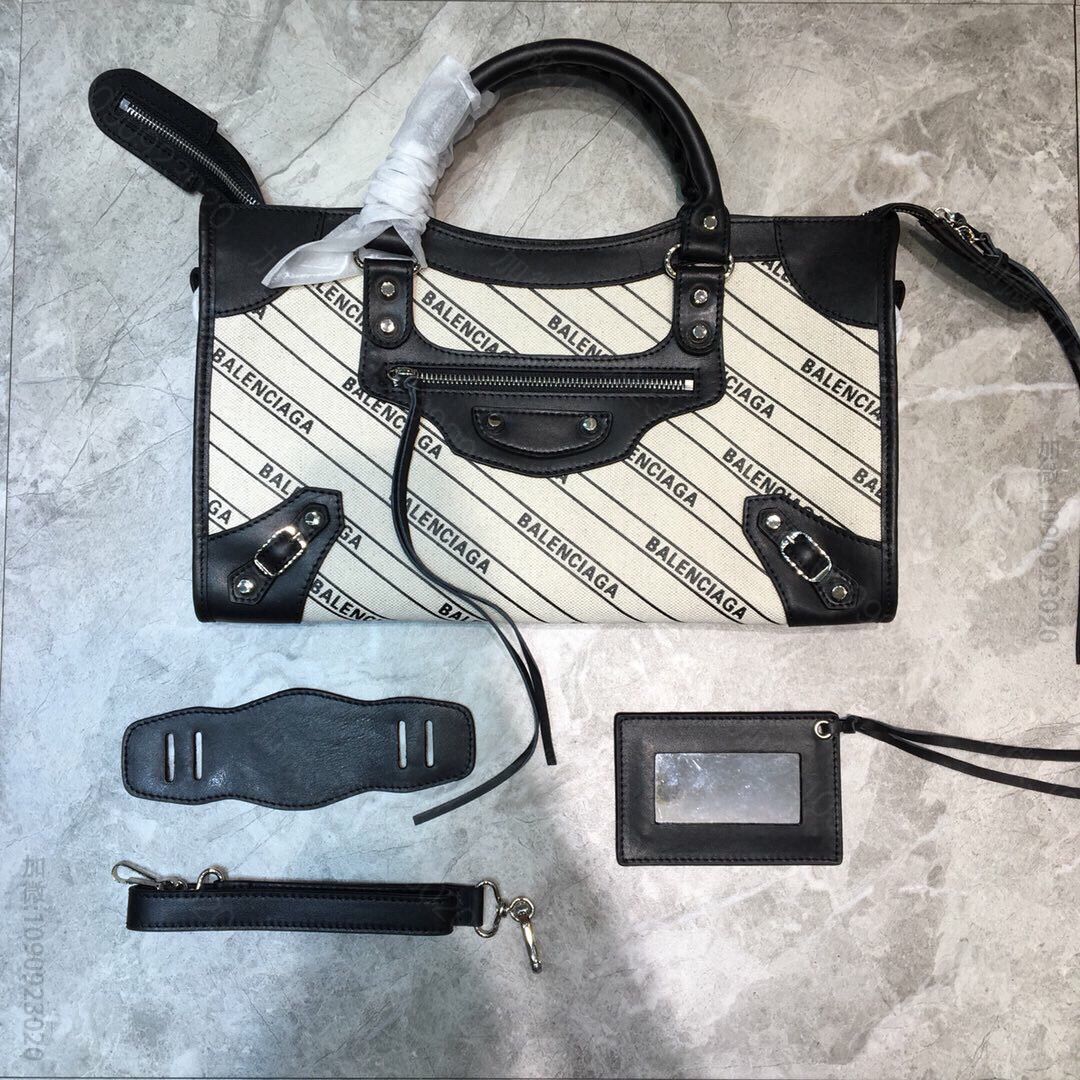 Balenciaga巴黎世家进口牛皮帆布印花logo条纹标识机车包332