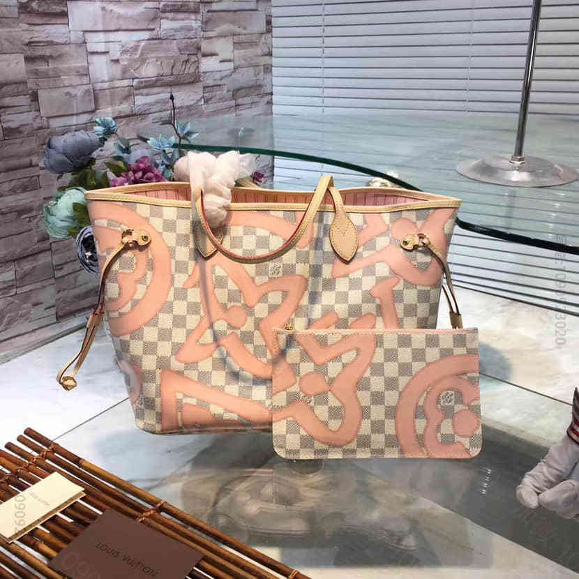 LV Neverfull 中号白格涂鸦印花 字母购物包袋 N41050