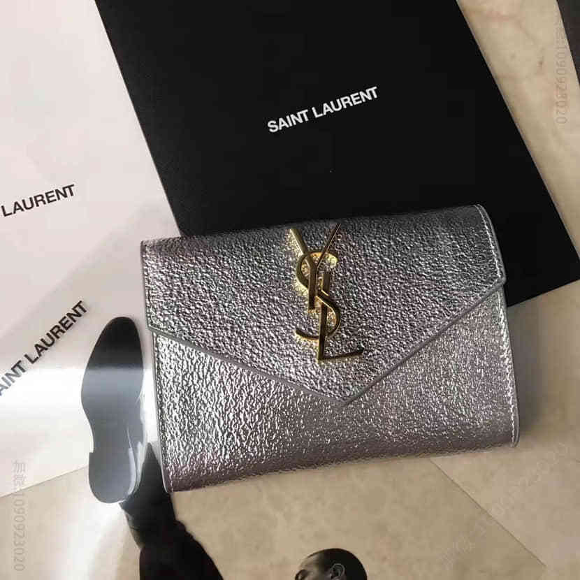 圣罗兰YSL 钻石纹短款翻盖零钱卡包 447954银
