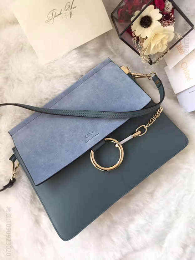 克洛伊chloe Faye 浅蓝色光滑小牛皮和麂皮中号肩背包