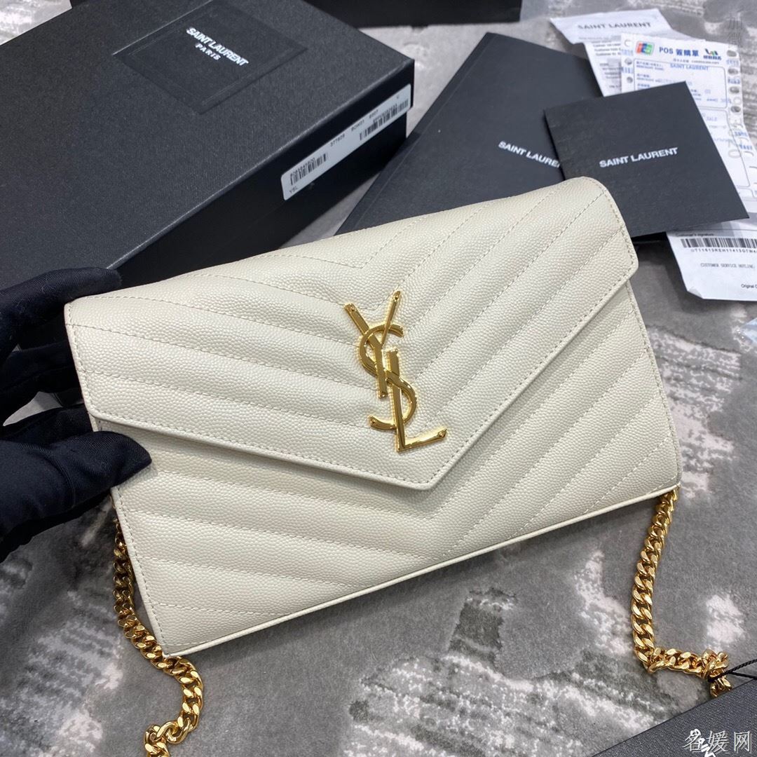 【原厂皮】YSL/圣罗兰 新款MONOGRAM信封链条斜挎单肩包 377828白色