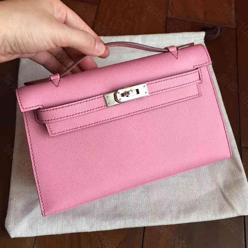 爱马仕Hermes 粉红Epsom皮蜜蜡线全手缝Minikelly poch...