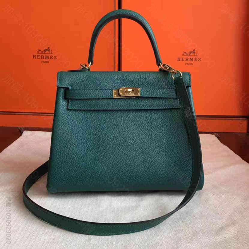 爱马仕Hermes 孔雀绿进口togo皮蜜蜡线半手缝Kelly凯莉包 25C...