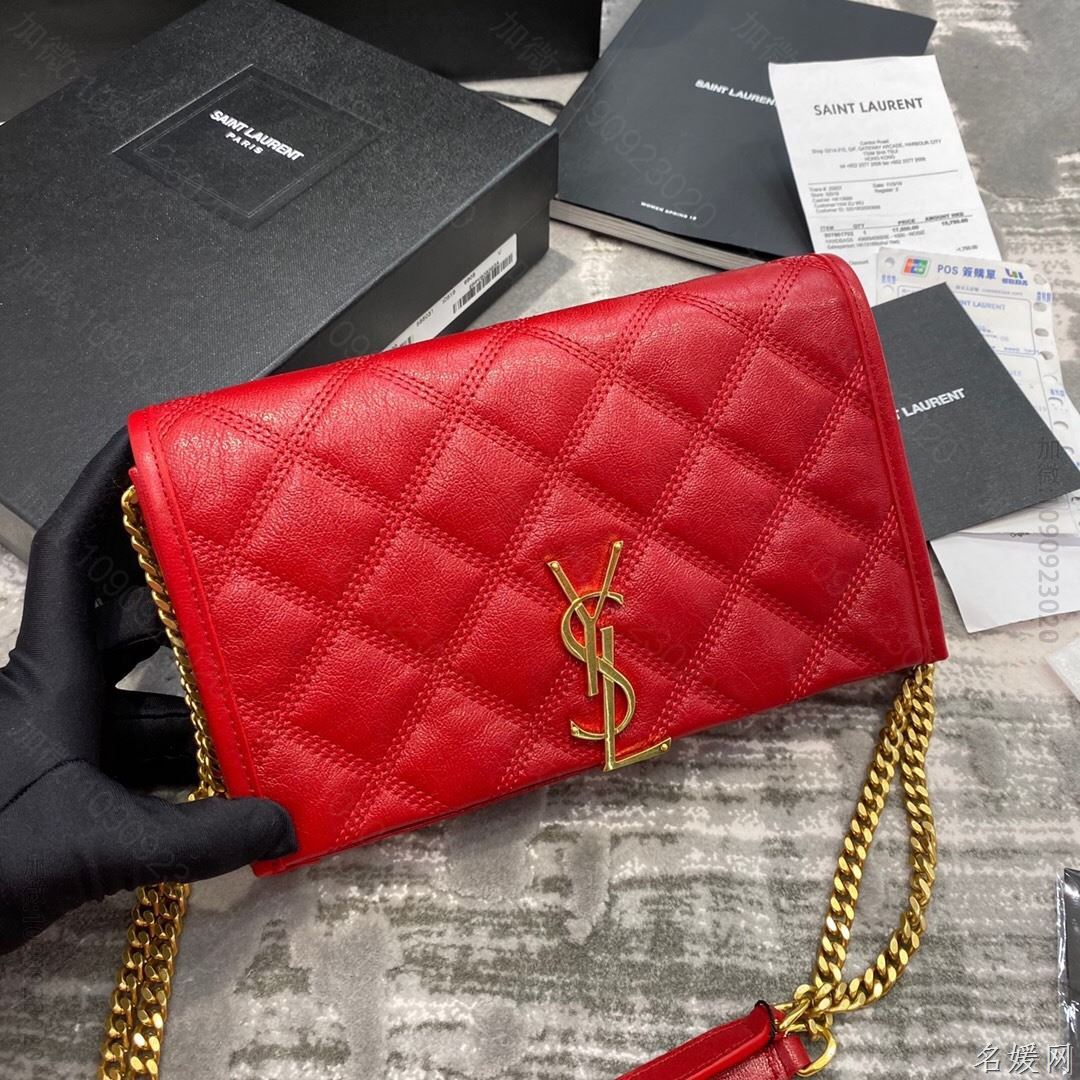 【原厂皮】YSL/圣罗兰 Becky菱形绗缝小羊皮链条包 585031红色
