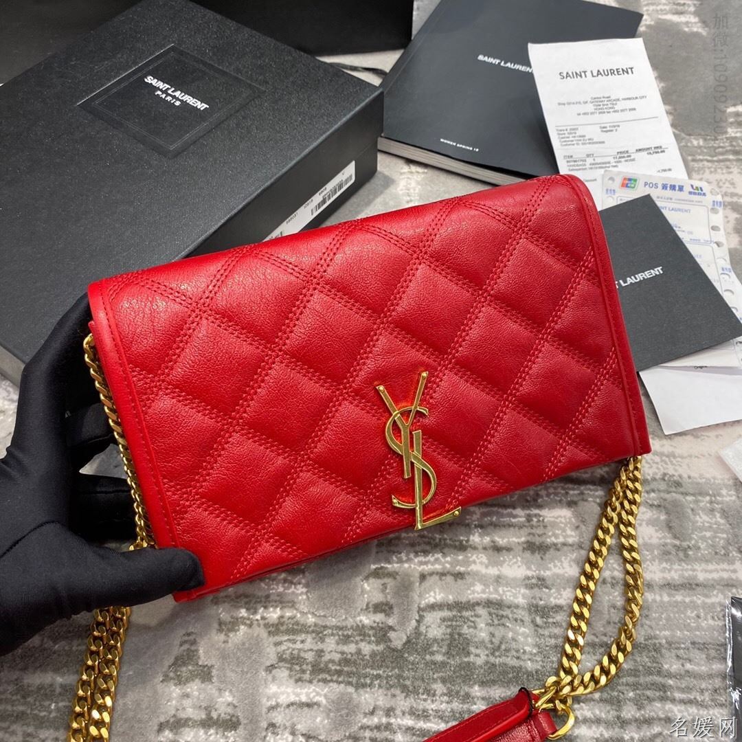 【原厂皮】YSL/圣罗兰 Becky菱形绗缝小羊皮链条包 585031红色