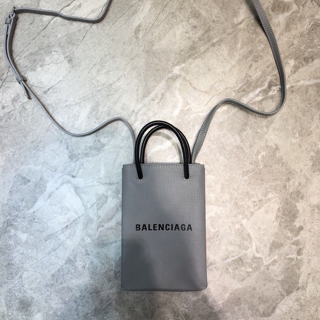 Balenciaga巴黎世家配牛皮肩带灰色手机包单肩斜挎包