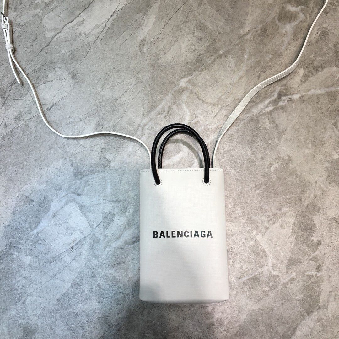 Balenciaga巴黎世家配牛皮肩带白色手机包单肩斜挎包