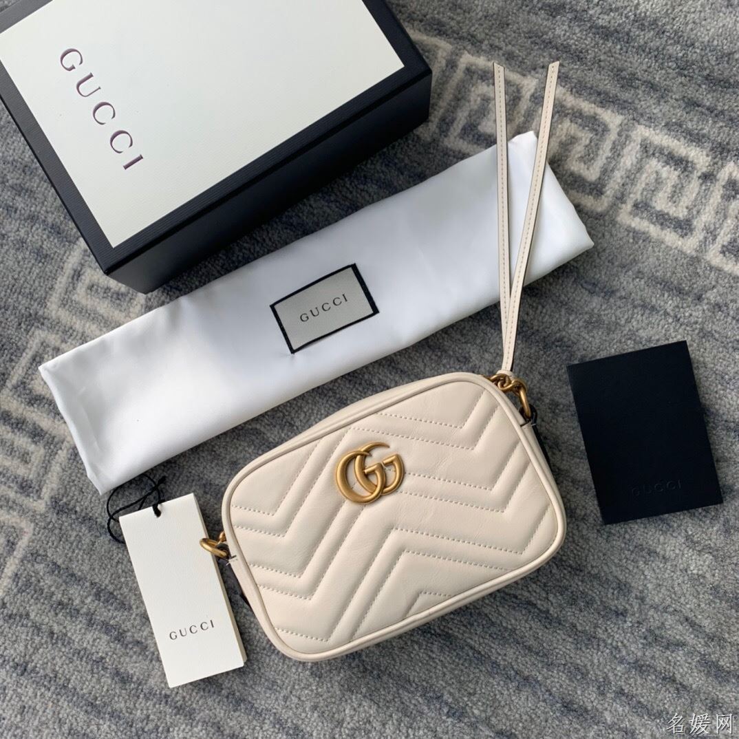 【原厂皮】Gucci 双G迷你Marmont绗缝链条古驰斜挎相机包 448065白色