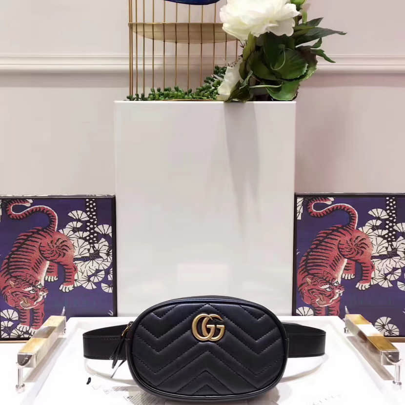 Gucci古驰 GG Marmont绗缝真皮腰包476434黑色