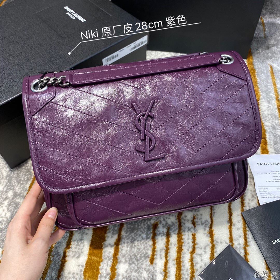 【原厂皮】YSL/圣罗兰 NIKI中号褶皱复古皮革手袋 498894紫色
