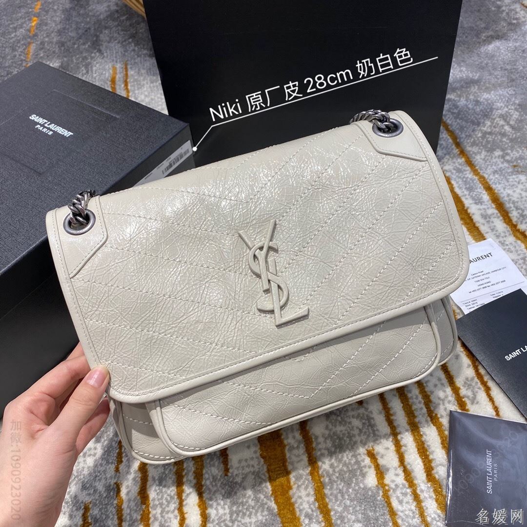 【原厂皮】YSL/圣罗兰 NIKI中号褶皱复古皮革手袋 498894奶白色