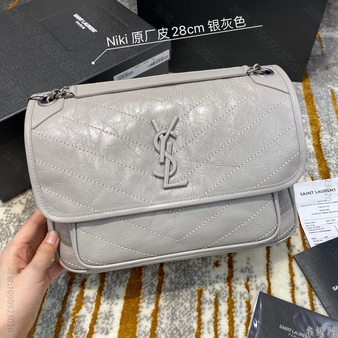 【原厂皮】YSL/圣罗兰 NIKI中号褶皱复古皮革手袋 498894银灰色