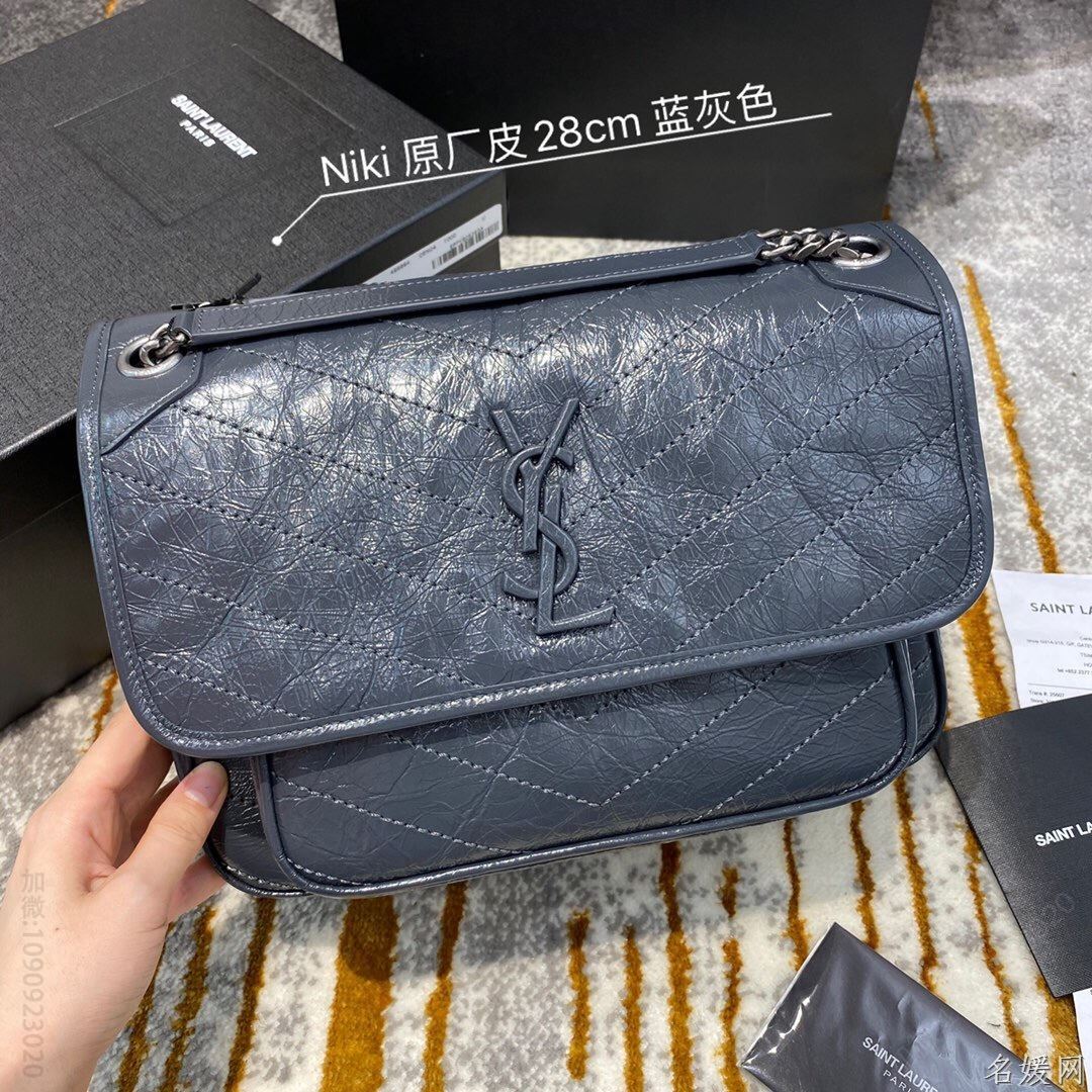 【原厂皮】YSL/圣罗兰 NIKI中号褶皱复古皮革手袋 498894蓝灰色