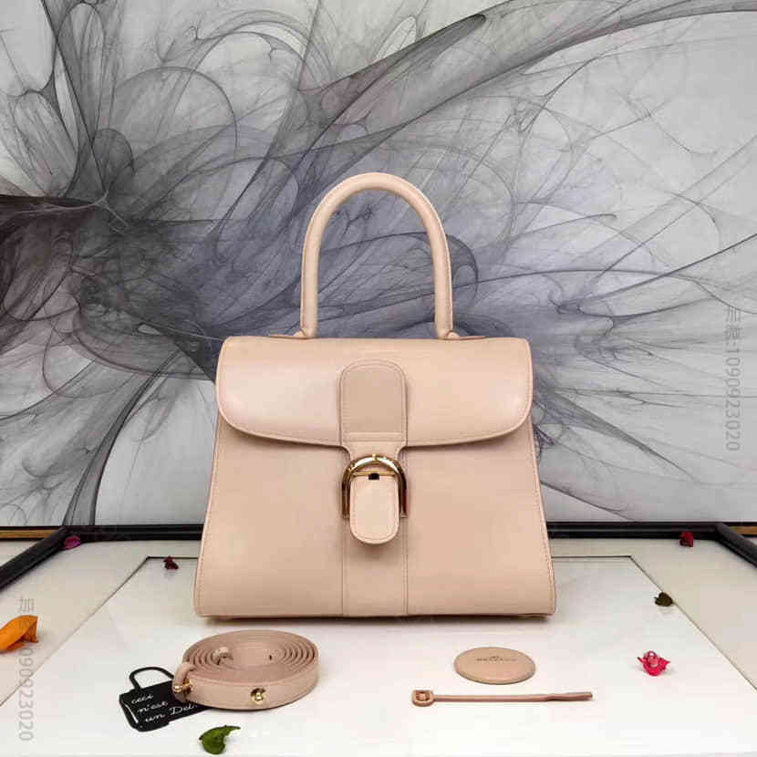 德尔沃Delvaux brilliant裸粉金扣BOX小牛皮手提包 28CM