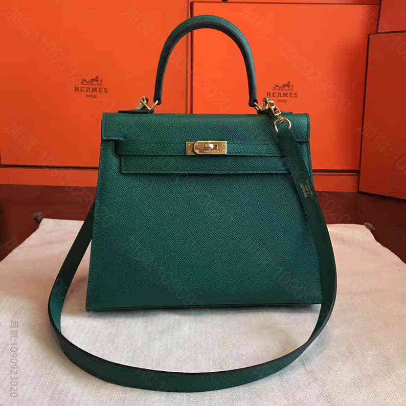 爱马仕Hermes 孔雀绿进口Epsom皮蜜蜡线半手缝Kelly凯莉包 25...