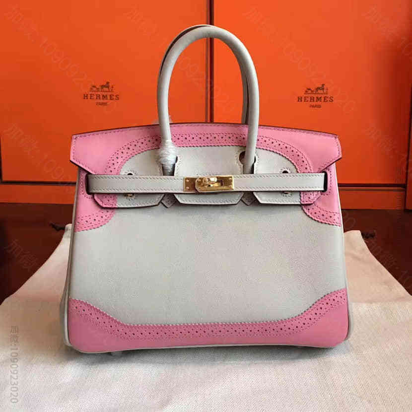 爱马仕Hermes 珍珠灰拼樱花粉swif皮蕾丝边Birkin铂金包 25C...