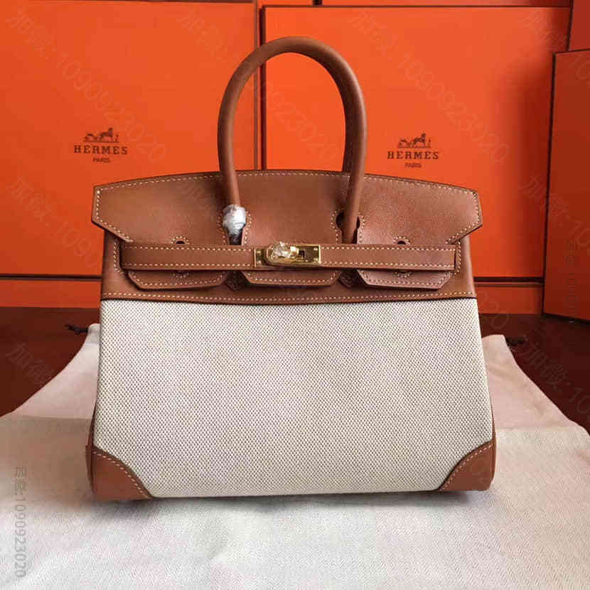 爱马仕Hermes 土黄布拼swif皮Birkin铂金包 25CM