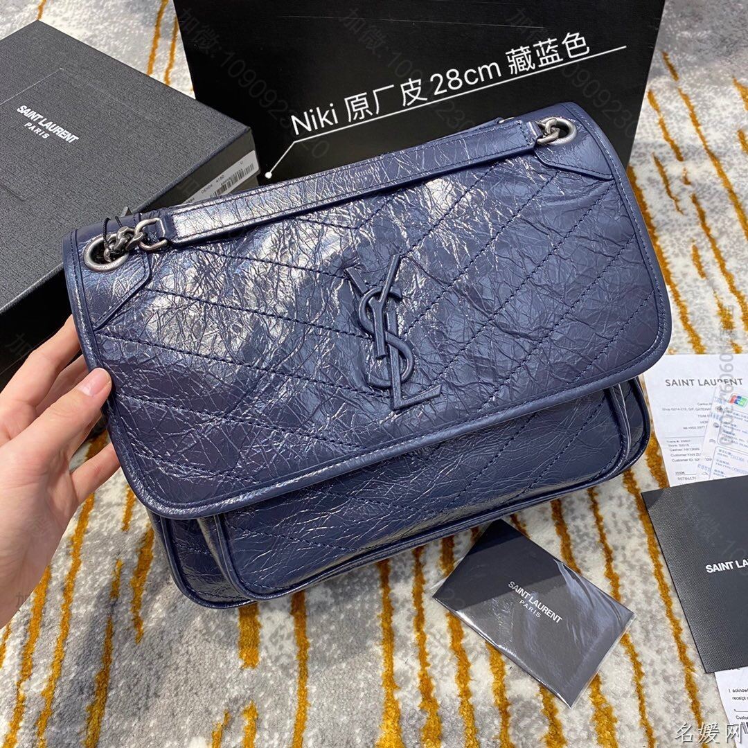 【原厂皮】YSL/圣罗兰 NIKI中号褶皱复古皮革手袋 498894藏蓝色