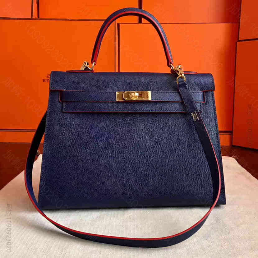 H26706_爱马仕女士手提包 爱马仕Hermes 宝兰(大红边)Epsom皮蜜蜡线半手缝Kelly凯莉包 32CM