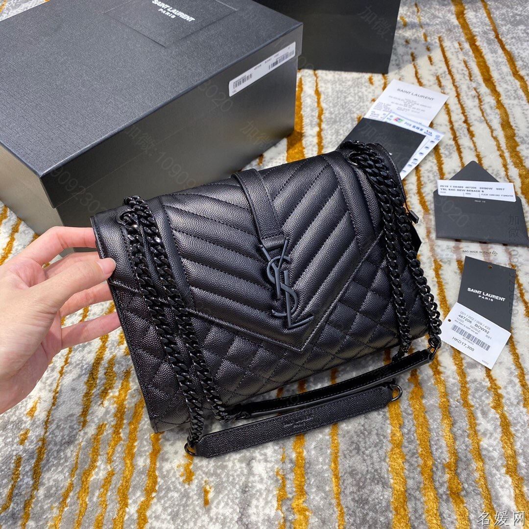【原厂皮】YSL/圣罗兰 经典SATCHEL中号黑色粒纹复合提花皮革手袋 4...