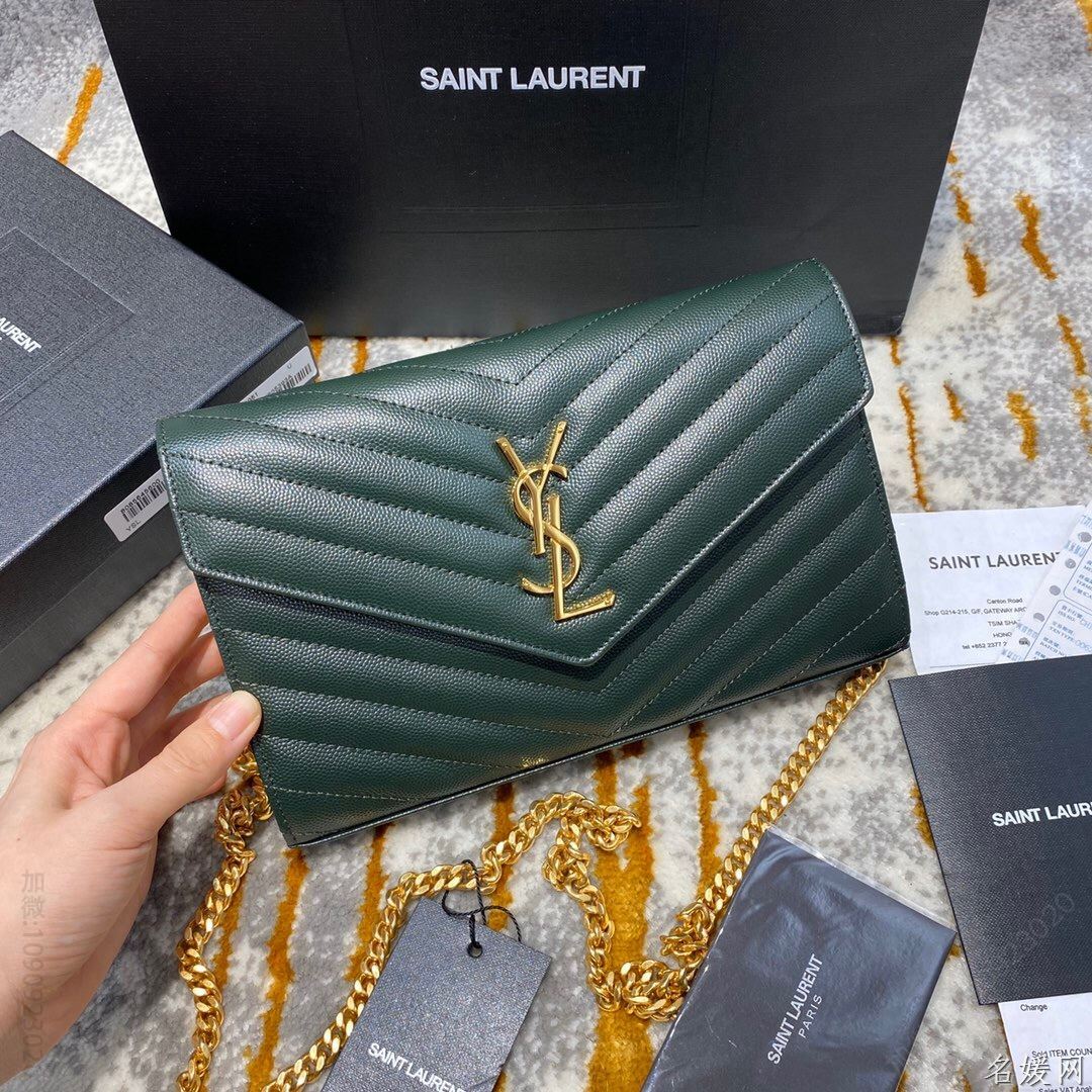 YSL圣罗兰女士单肩包 原厂皮 YSL/圣罗兰 MONOGRAM WOC信封链条斜挎单肩包 377828墨绿 