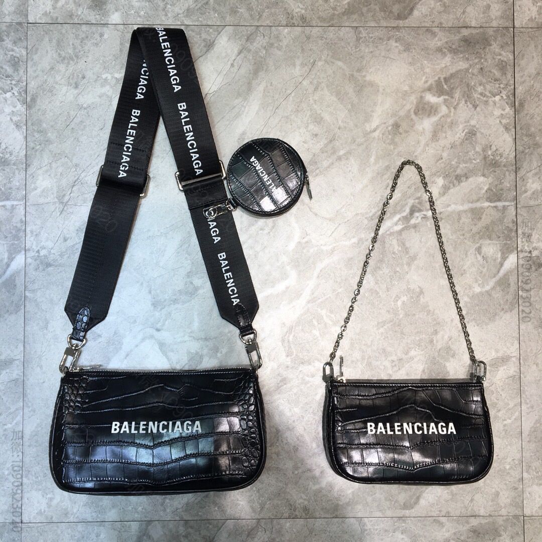 Balenciaga巴黎世家3件套银色五金鳄鱼皮斜挎包手提包017