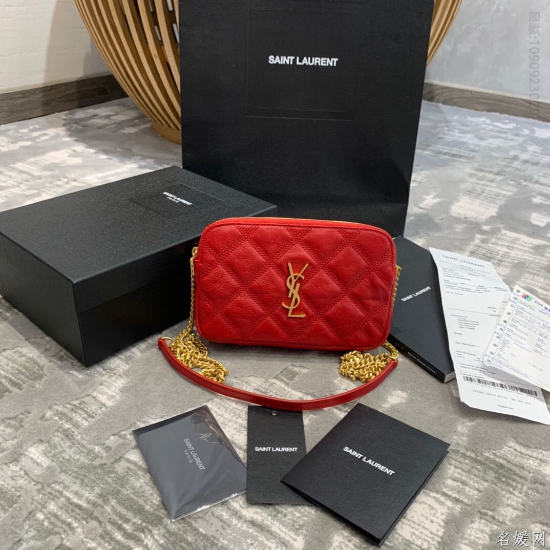 【原厂皮】YSL/圣罗兰 BECKY双拉链绗缝小羊皮链条包 608941红色