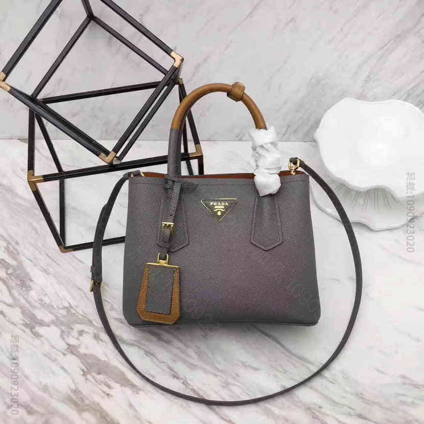 PRADA 粗十字纹+内里纳帕羊皮 拼手挽迷你手提包 1BG886灰色拼卡其