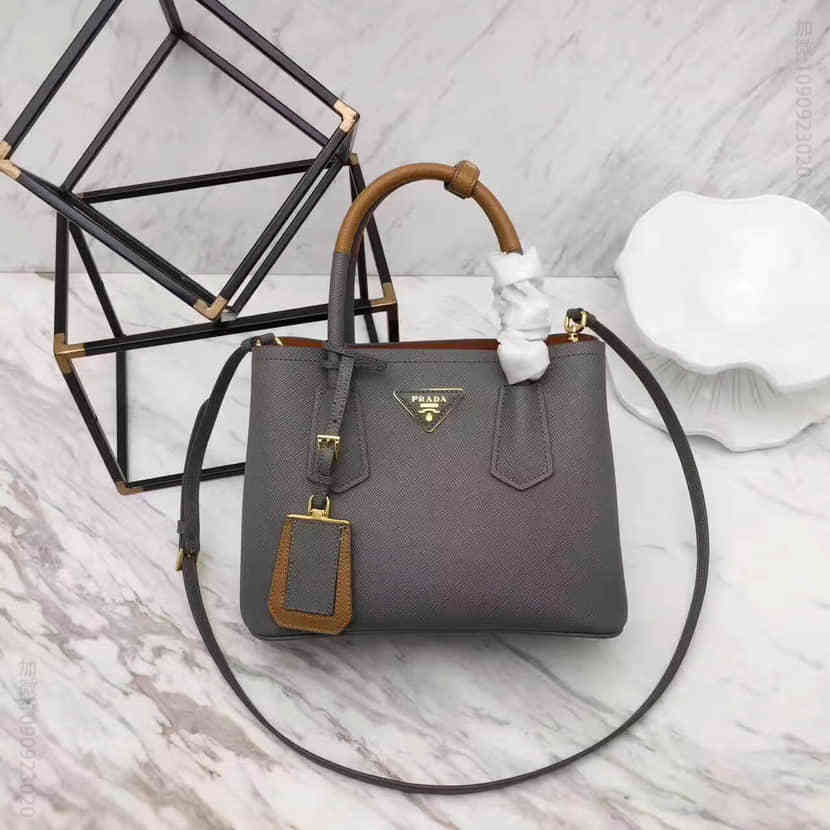 PRADA 粗十字纹+内里纳帕羊皮 拼手挽迷你手提包 1BG886灰色拼卡其