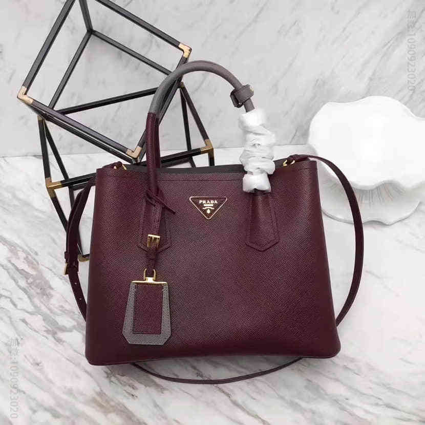 PRADA 粗十字纹+内里纳帕羊皮 拼手挽迷你手提包 1BG775酒红色拼灰