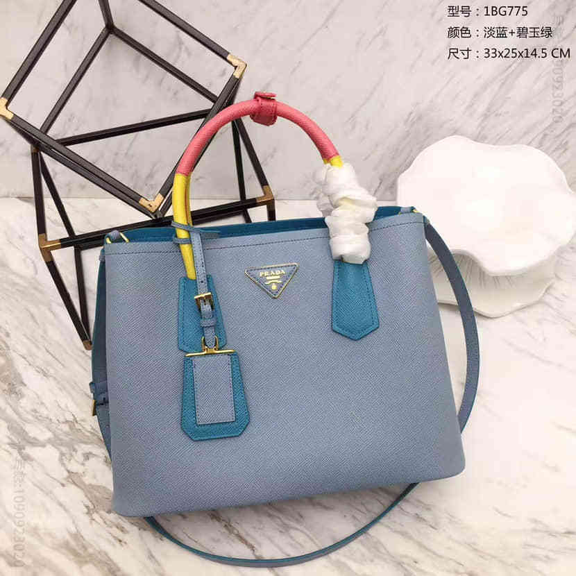 PRADA 粗十字纹+内里纳帕羊皮 拼手挽迷你手提包 1BG775淡蓝拼碧玉绿