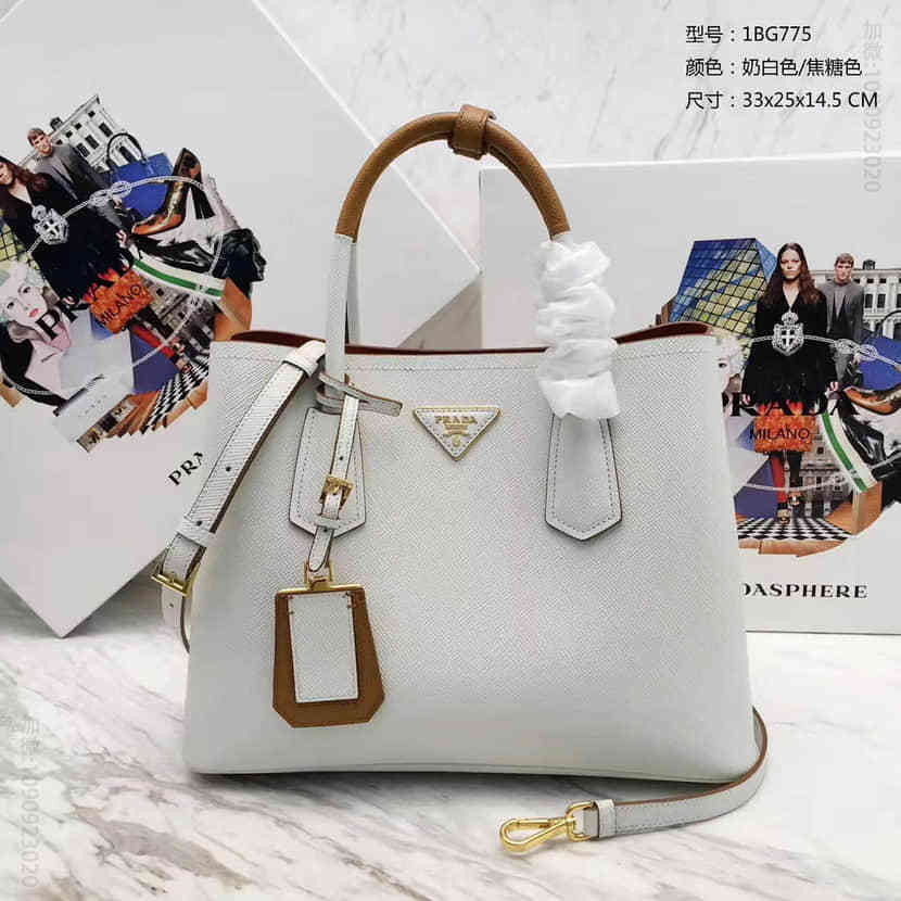 PRADA 粗十字纹+内里纳帕羊皮 拼手挽迷你手提包 1BG775奶白拼焦糖