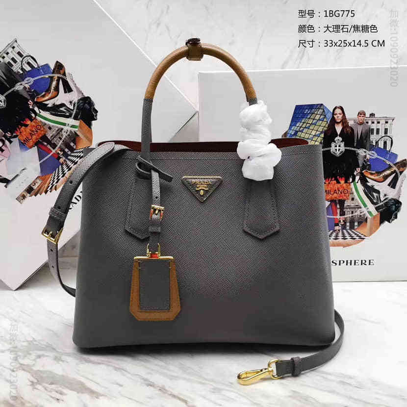 PRADA 粗十字纹+内里纳帕羊皮 拼手挽迷你手提包 1BG775大理石拼焦糖色