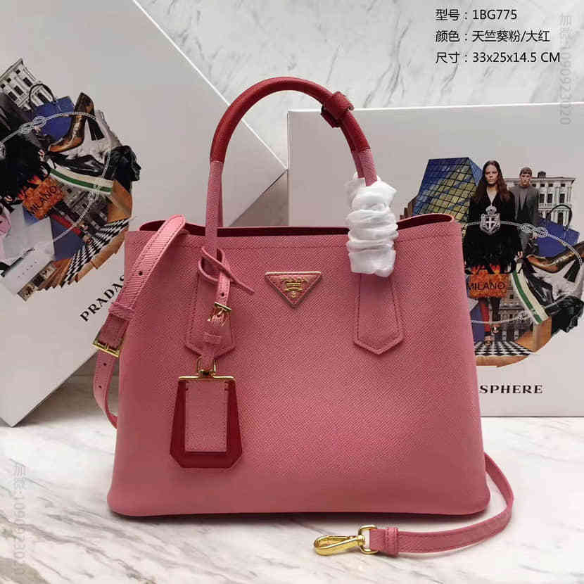 PRADA 粗十字纹+内里纳帕羊皮 拼手挽迷你手提包 1BG775天竺葵粉拼大红