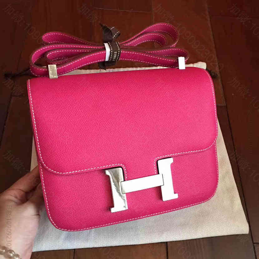 爱马仕Hermes 桃红色银扣swif皮Constance空姐包 24CM