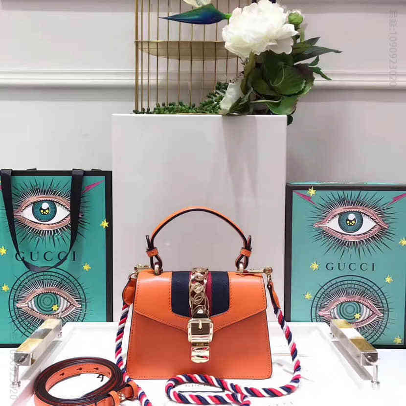 Gucci古驰Sylvie真皮迷你手袋 470270橘色