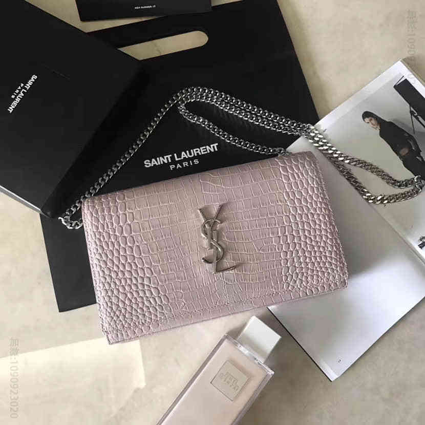 YSL 粉色南非进口牛皮鳄鱼纹链条包 442015E