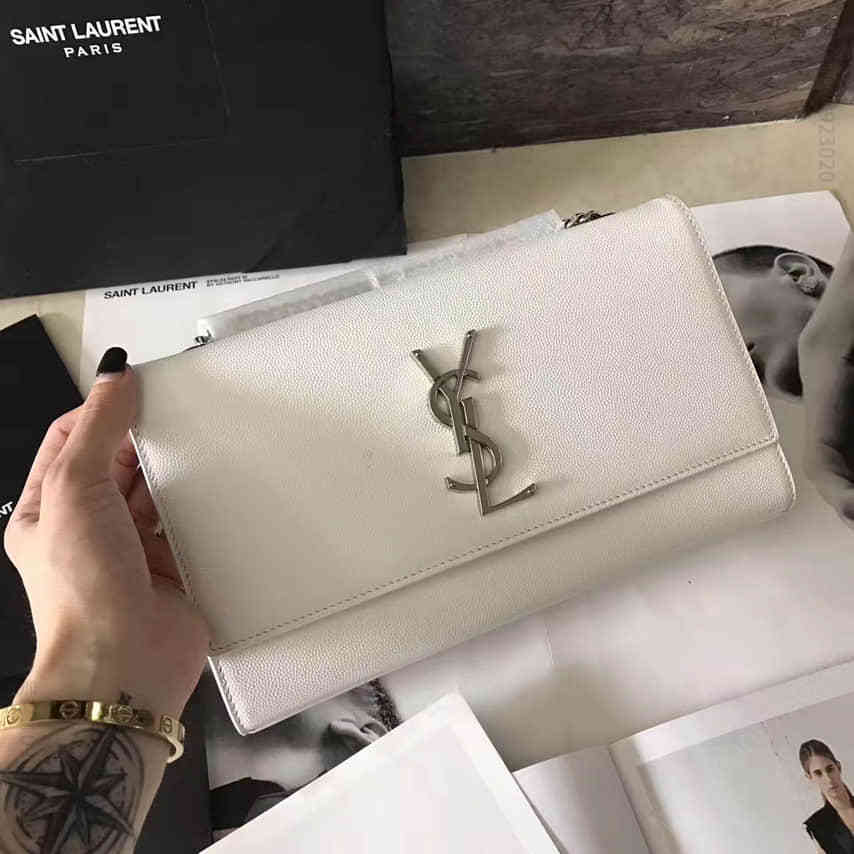 YSL圣罗兰 经典中号KATE白色粒纹真皮挎包 364021