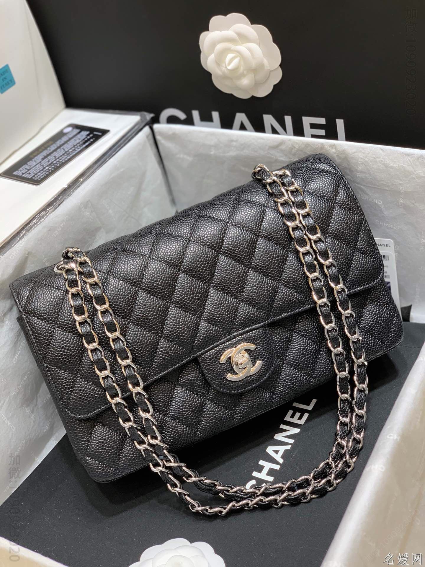 Chanel/香奈儿 CF25鱼子酱单肩斜挎包 A01112黑色银扣