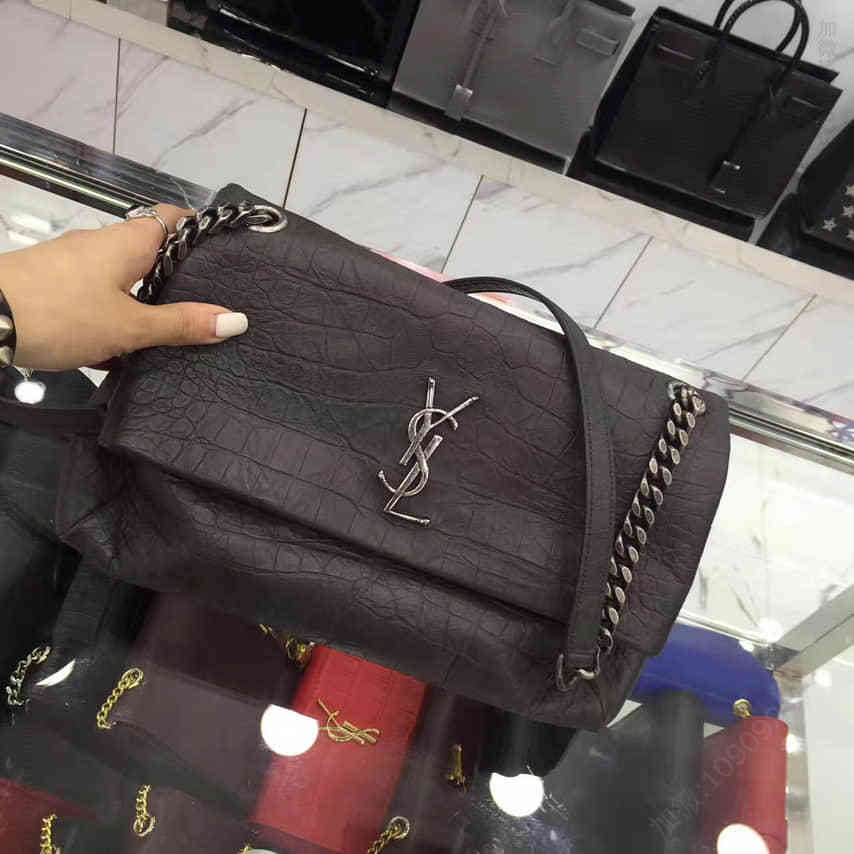 YSL/伊夫圣罗兰中号WEST HOLLYWOOD MONOGRAM深灰黑色鳄鱼压花皮革手袋438176