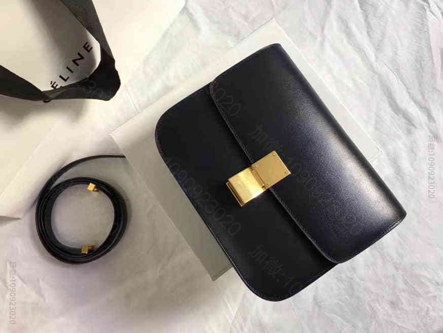 CELINE/赛琳 深蓝色中号细牙签纹Box皮复古豆腐包164173
