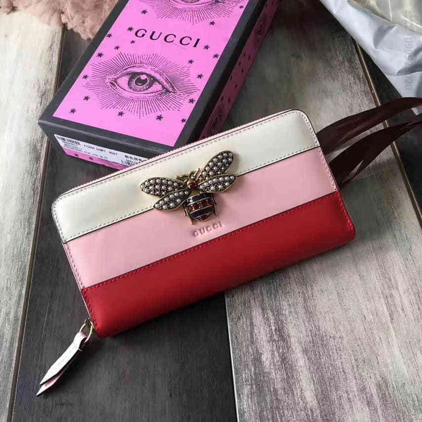 Gucci古驰/白粉红条纹蜜蜂装饰女士长款钱包 476069