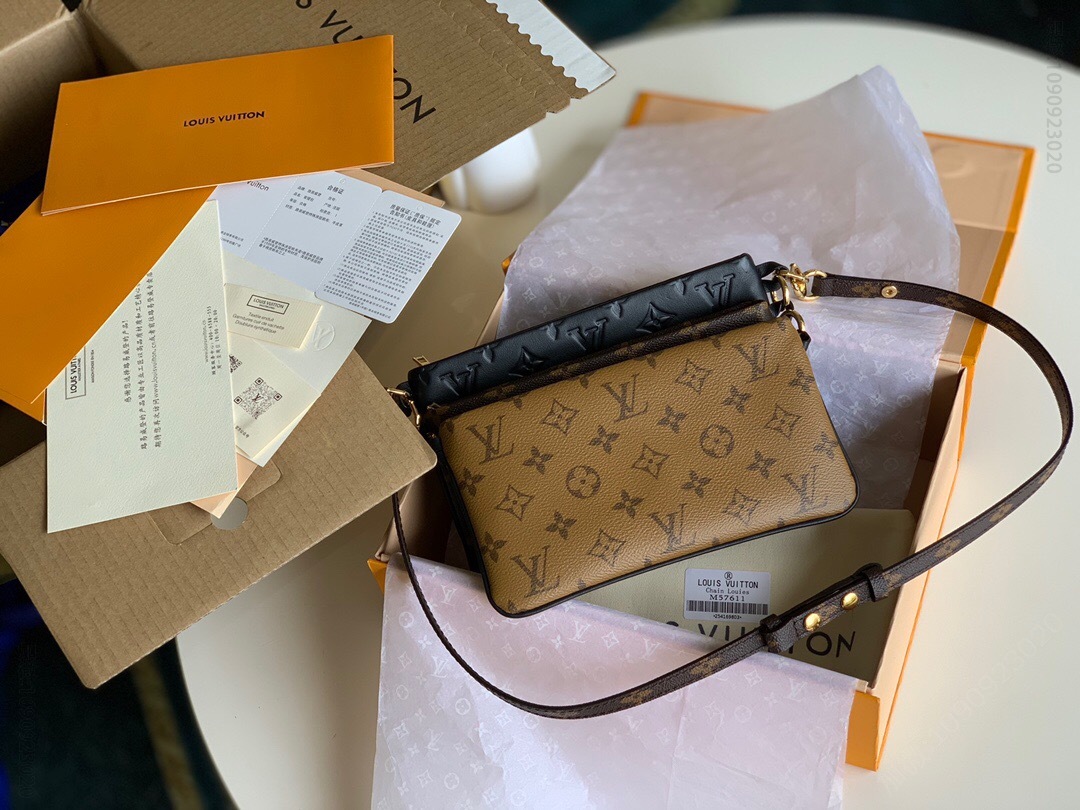 LV单肩女包 LV M57611 PREFALL POCHETTE系列 全皮老花黄花三‬合一 路易威登斜跨包 LV女包 M57611