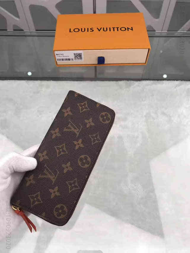 LV 老花拼橙色CLEMENCE女士长款拉链钱夹 M60743