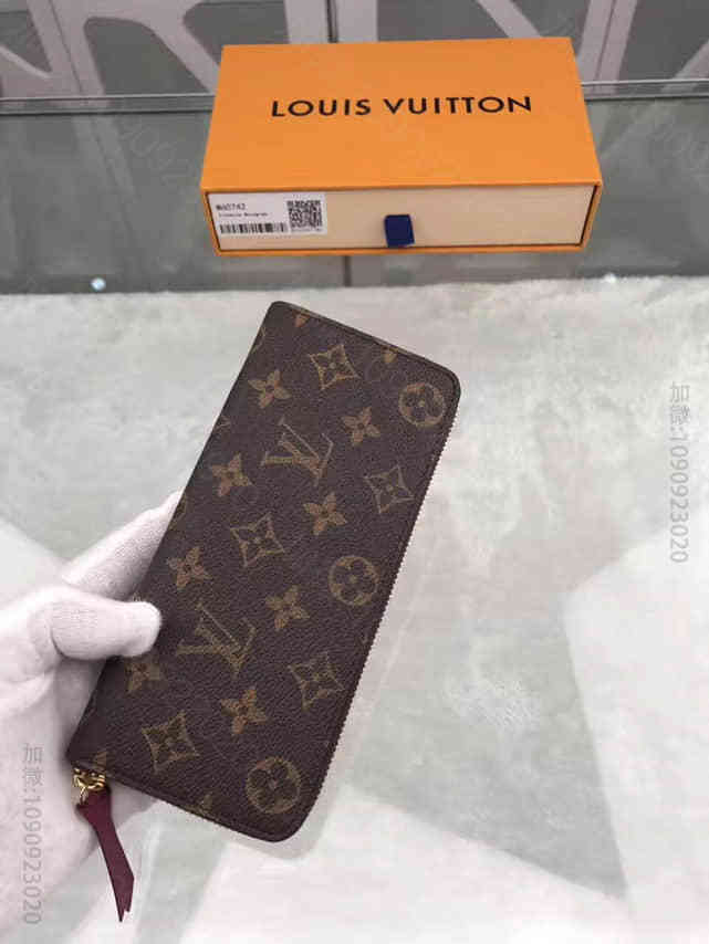 LV 老花拼荧光粉色CLEMENCE女士长款拉链钱夹 M60742