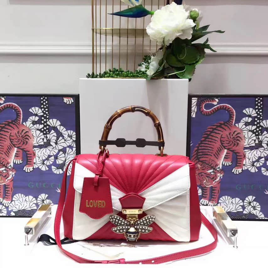 Gucci古驰 玛格丽特皇后系列 金属蜜蜂绗缝竹节手提包 476531红拼白色