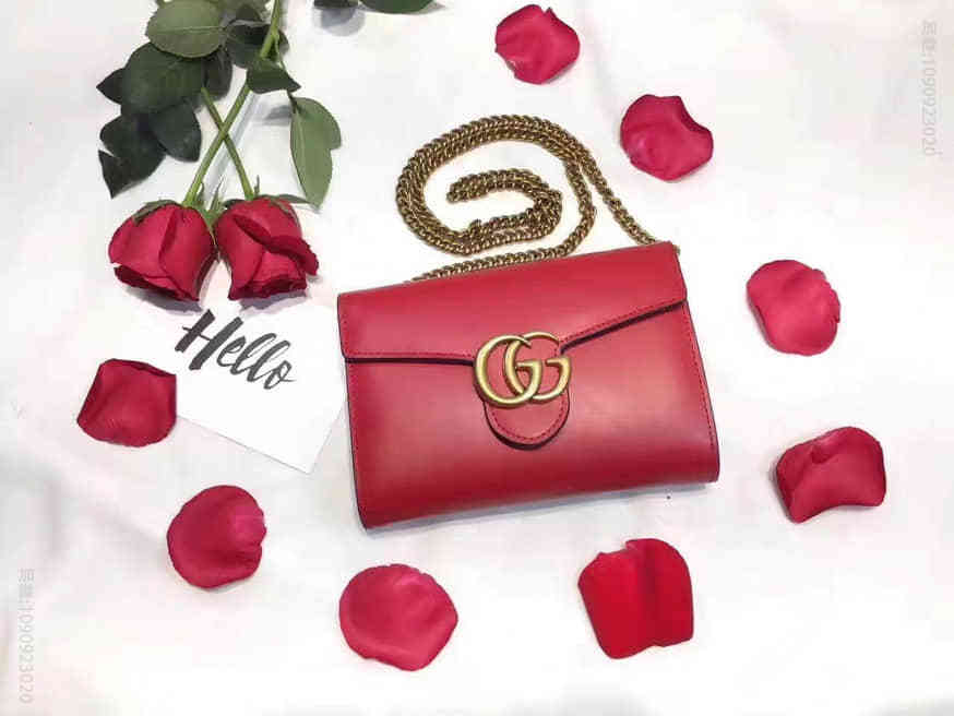 Gucci古驰/ GG Marmont WOC 红色Box抛光牛皮款链条包 401232