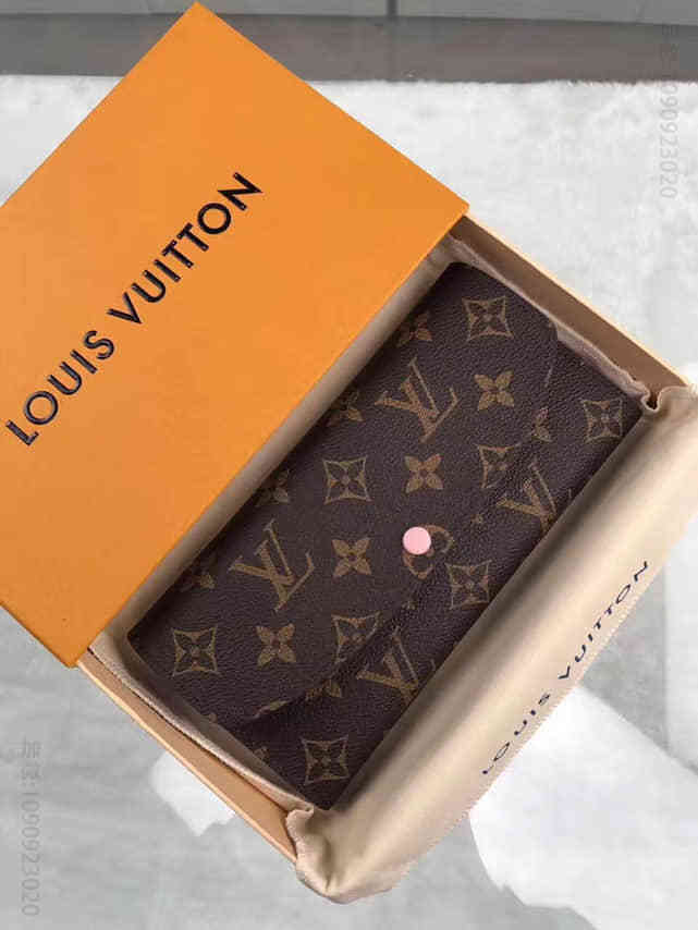 LV 老花色拼芭蕾粉EMILIE女士长款豆豆钱夹 M61289