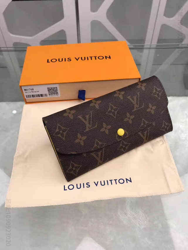 LV 老花色拼柠檬黄EMILIE女士长款豆豆钱夹 M61768